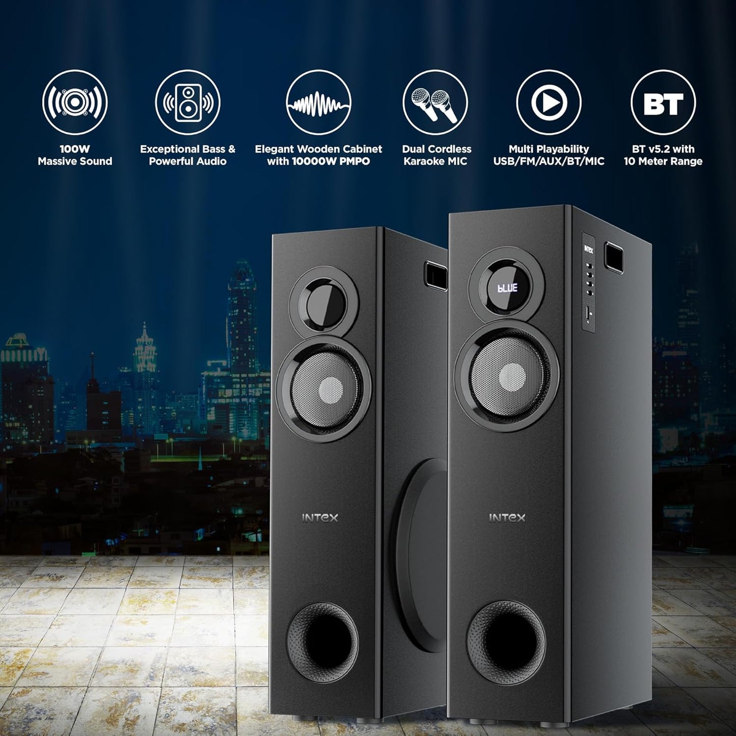 INTEX 1000-D Multimedia 100 Watt Bluetooth Dual Tower Speaker |